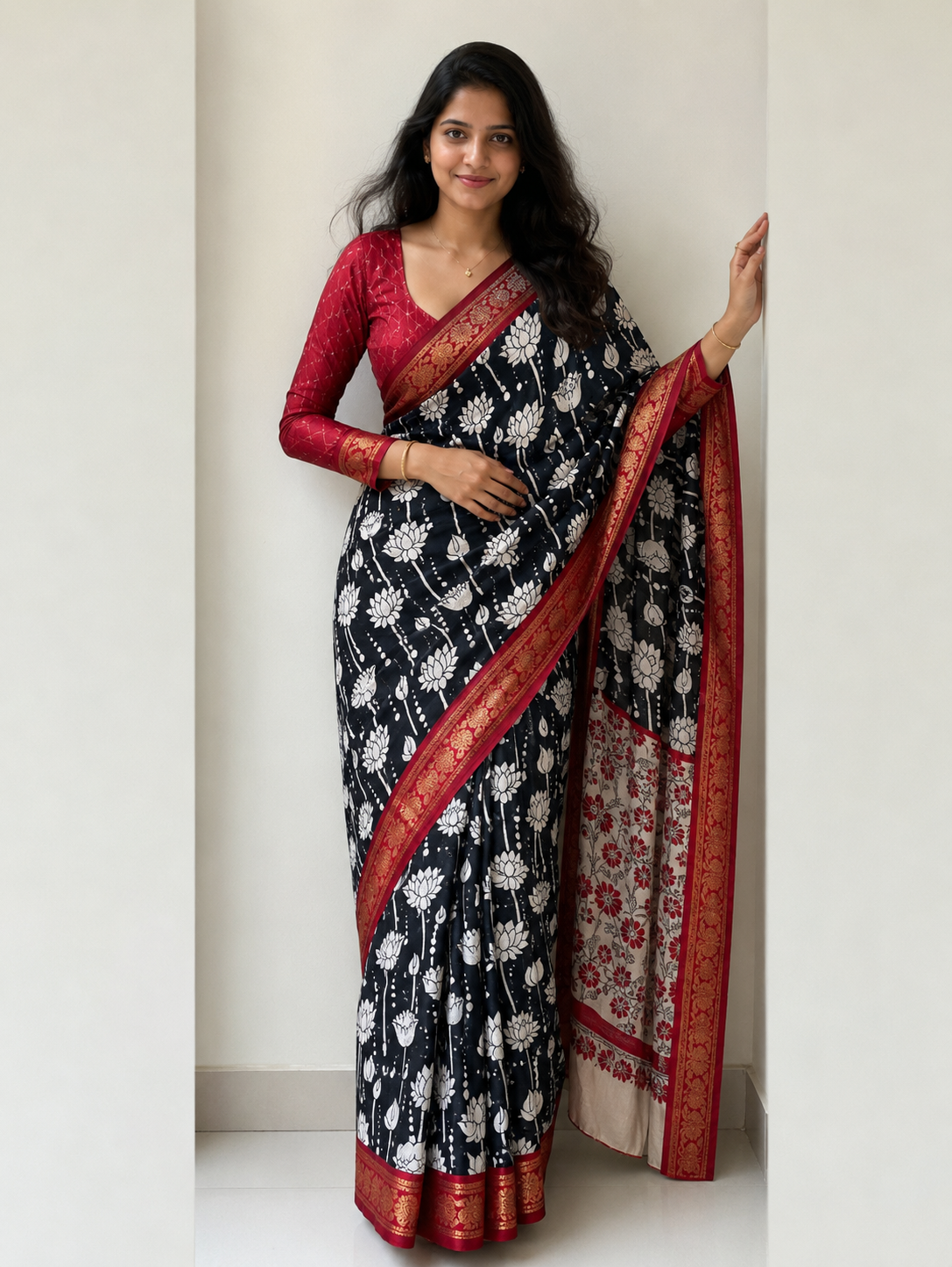 Mangalagiri silk saree - black with red - TF13