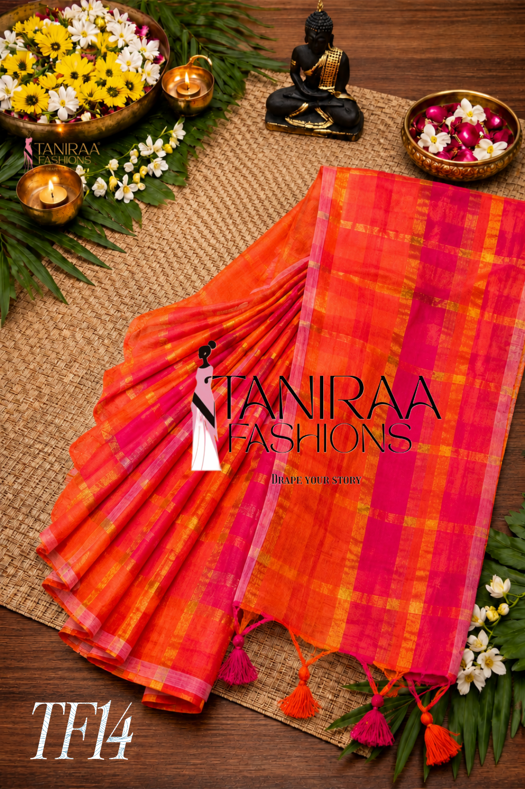 Red orange golden saree -TF14