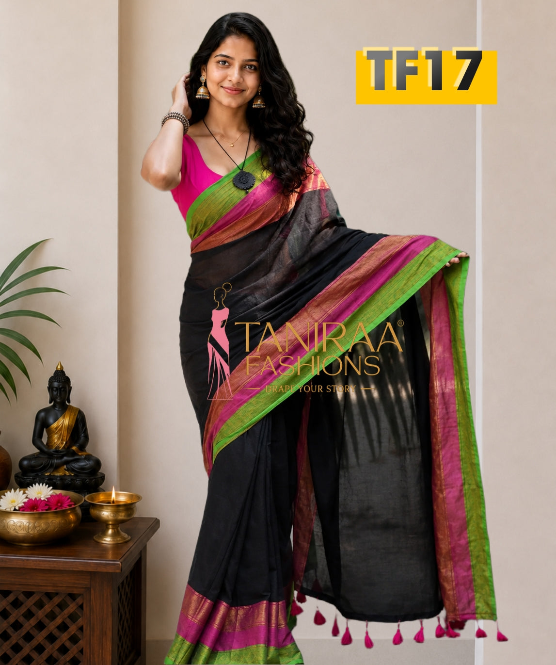 TF17 Mul Cotton Saree – Black with Pink & Green Contrast Border |