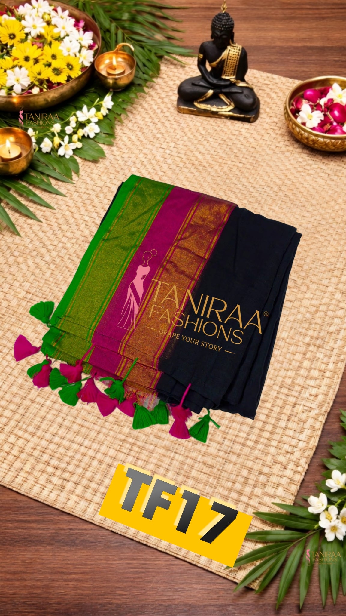 TF17 Mul Cotton Saree – Black with Pink & Green Contrast Border |