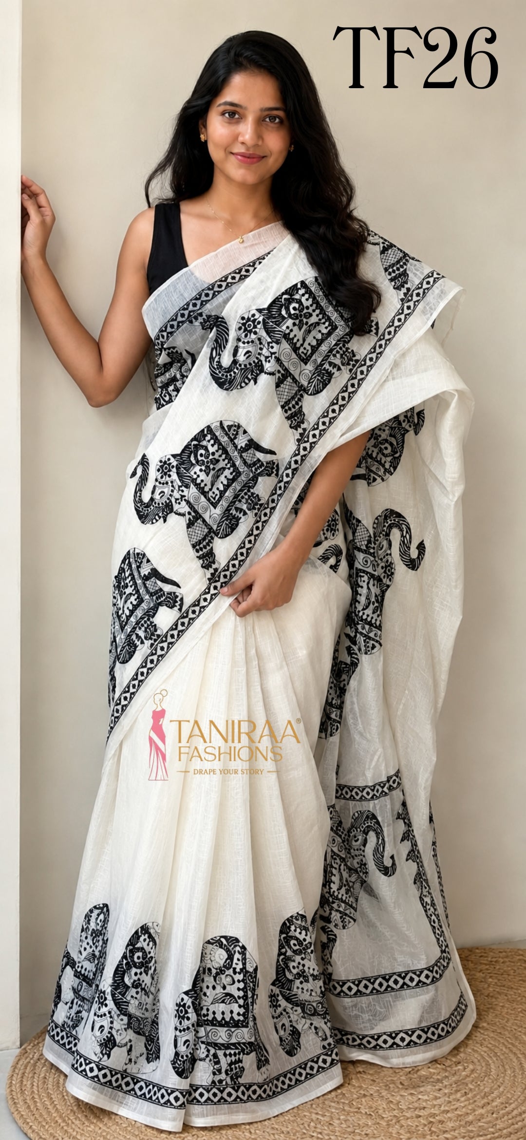 TF26 – Premium Linen Cotton Saree with Elephant Motifs