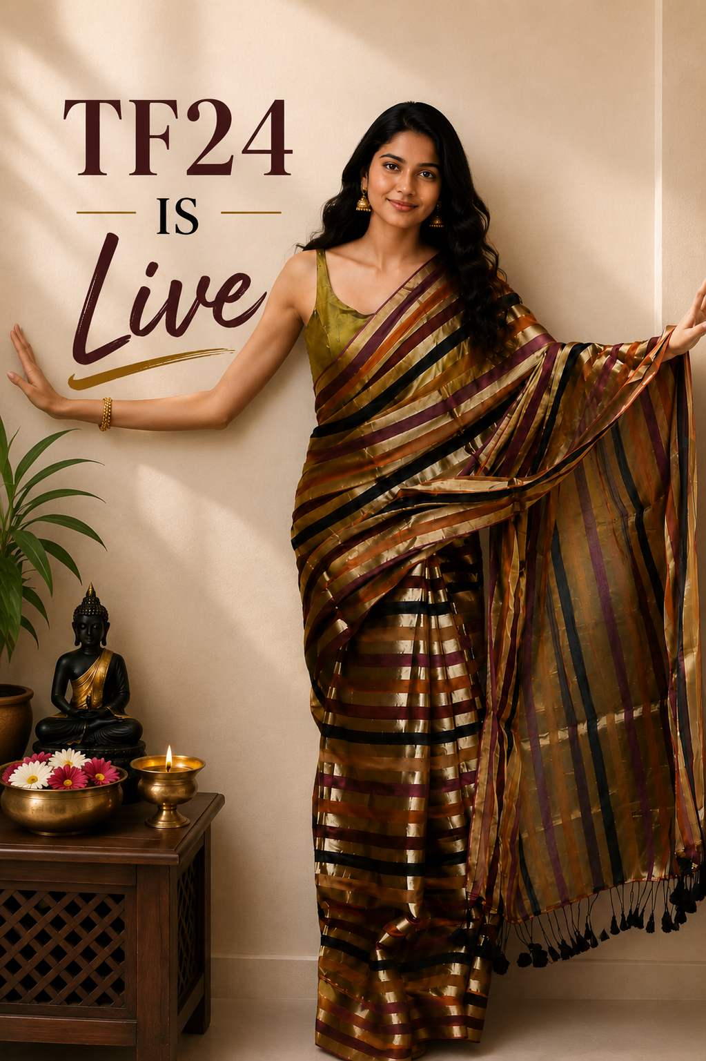 TF24 – Cotton Blend Handloom Saree with Bright Golden Thread Weaving