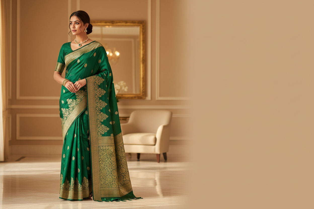 A luxury fashion editorial photograph of an Indian woman wearing an emerald green silk saree with rich gold zari work, standing gracefully in an elegant beige interior with soft golden lighting. The saree drape is refined and timeless, highlighting intricate craftsmanship. Minimal jewelry, premium styling, warm ivory and gold color palette, high-end boutique fashion photography, shallow depth of field, clean background with empty space on the right for text.
