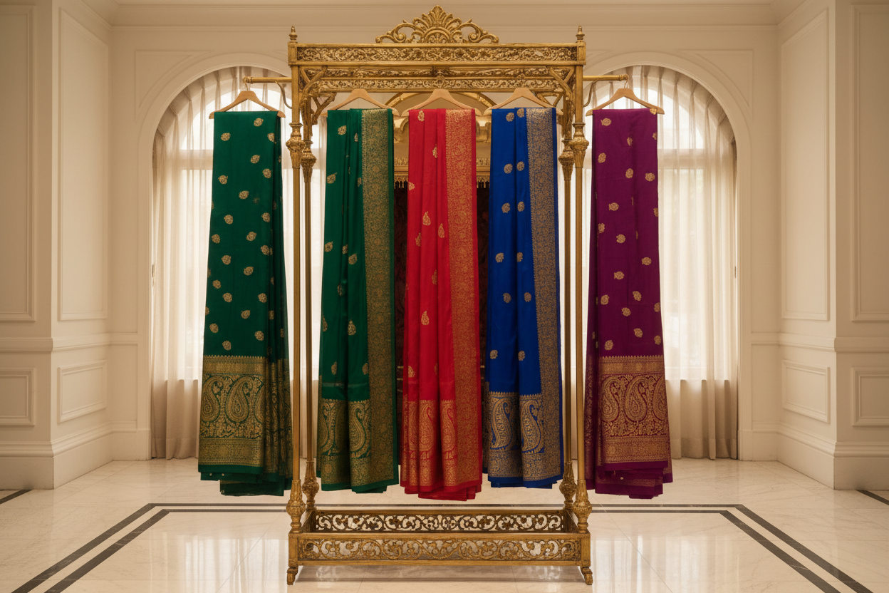 Artistic luxury fashion image of multiple silk sarees hanging neatly on a brass stand, featuring vibrant jewel tones with gold zari details. Warm golden lighting, boutique showroom ambiance, clean composition, elegant and timeless mood.
