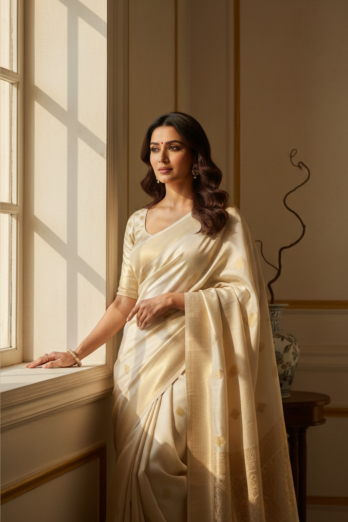 Luxury lifestyle photograph of an Indian woman wearing a soft silk saree, captured in natural light near a window. Portrait orientation, calm and graceful pose, ivory background, warm gold tones, minimal styling, premium fashion editorial look with empty space at the top for text.